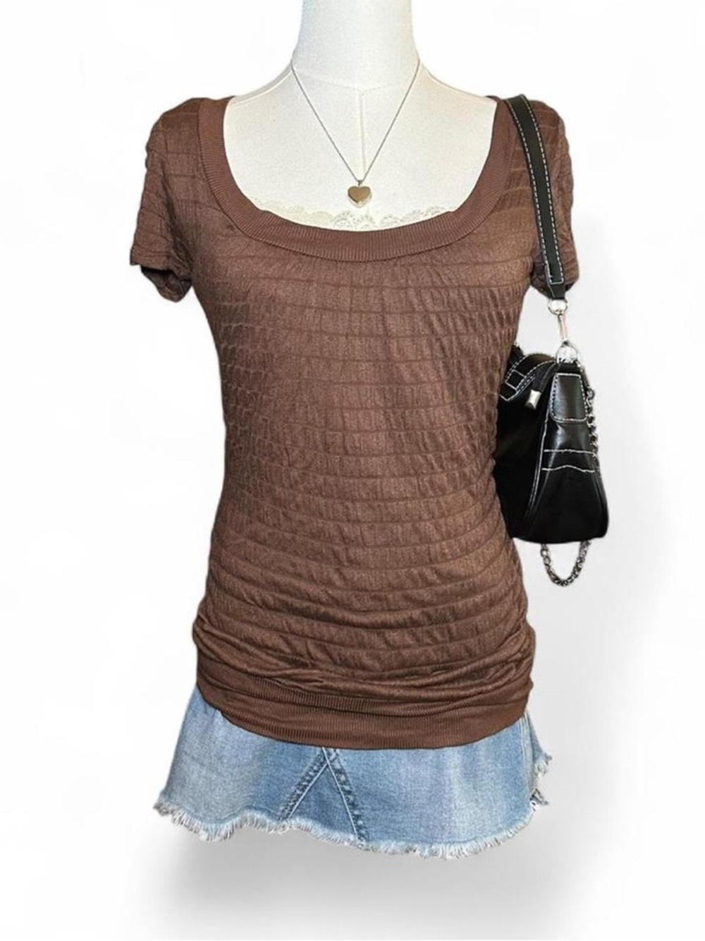 NWT Y2K Charlotte Russe Brown Short Sleeve Textured Top Coquette Cottagecore